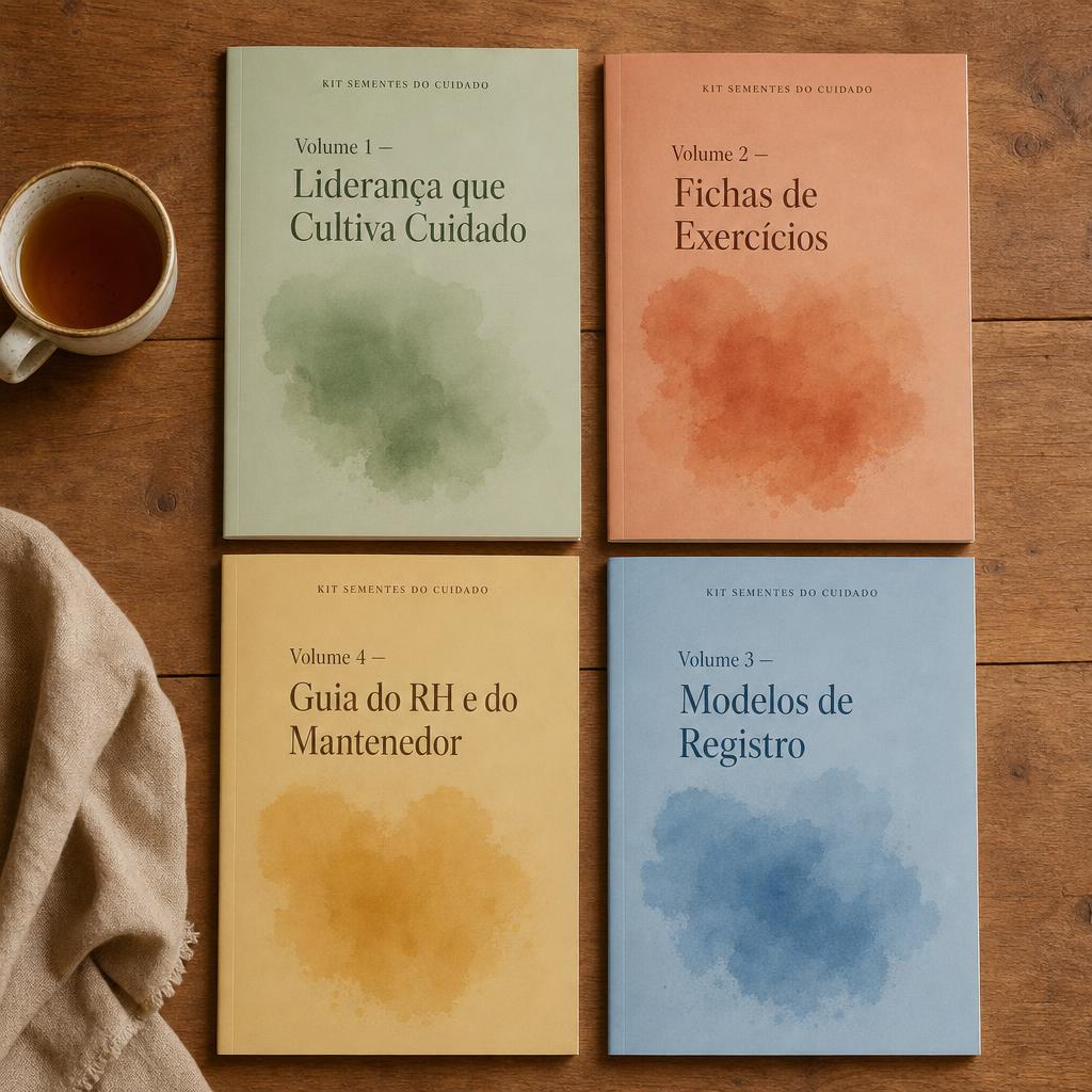 Apostila aberta sobre uma mesa de madeira, com xícara de chá e planta ao lado
